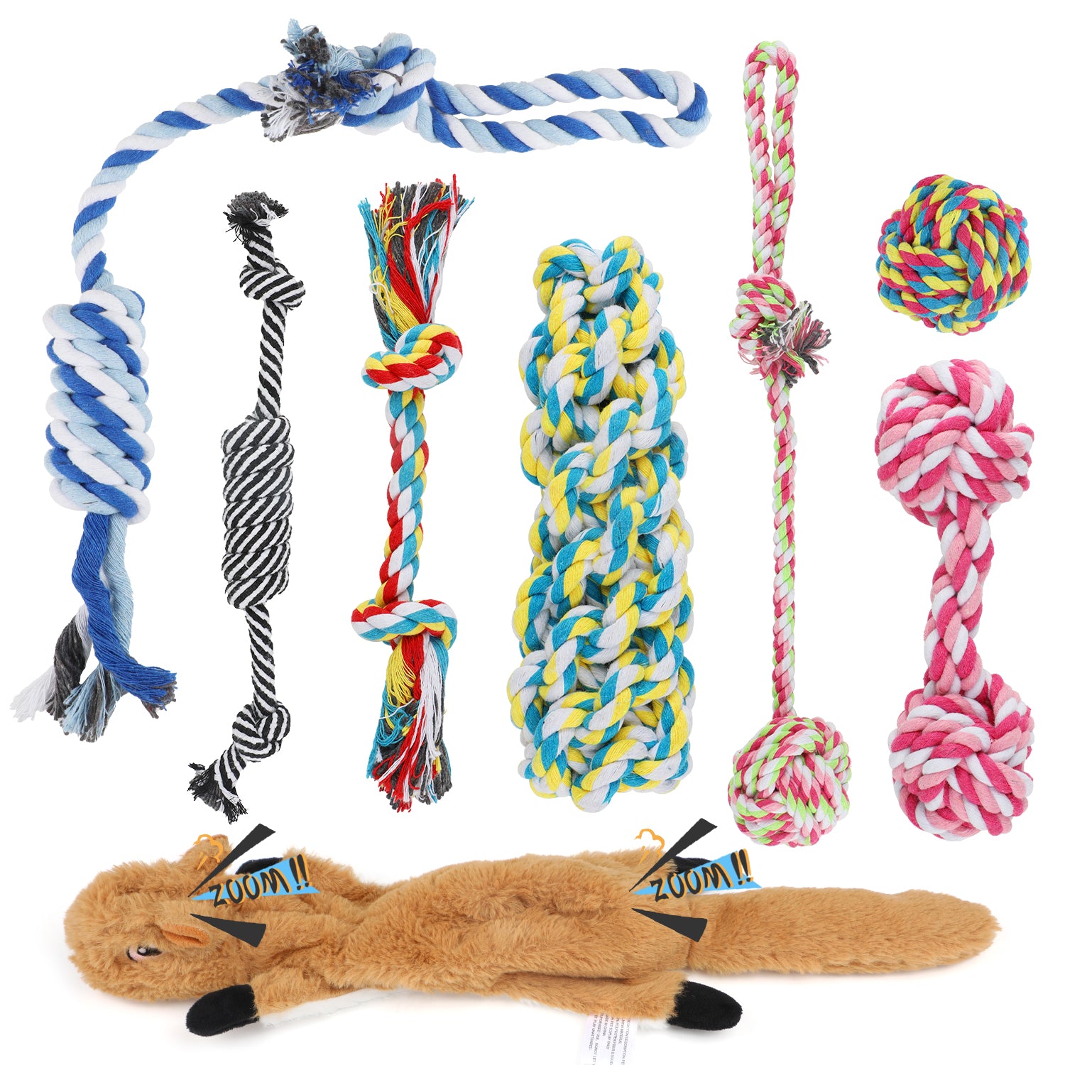 Charkool 8 Pack Rope Dog Chew Toys for Puppy Medium Dogs, Squeaky toy, Washable Chew Toys Pack with Teething Tug for Aggressive Chewers