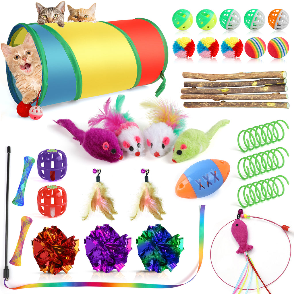 Jewyow 35 PCS Cats Toy Assortment, Catnip Toys, Interactive Pet Balls, Kitten Chew Toys, Feather Teaser Wand, Rainbow Tunnel & Mice Toys for Indoor Kitty
