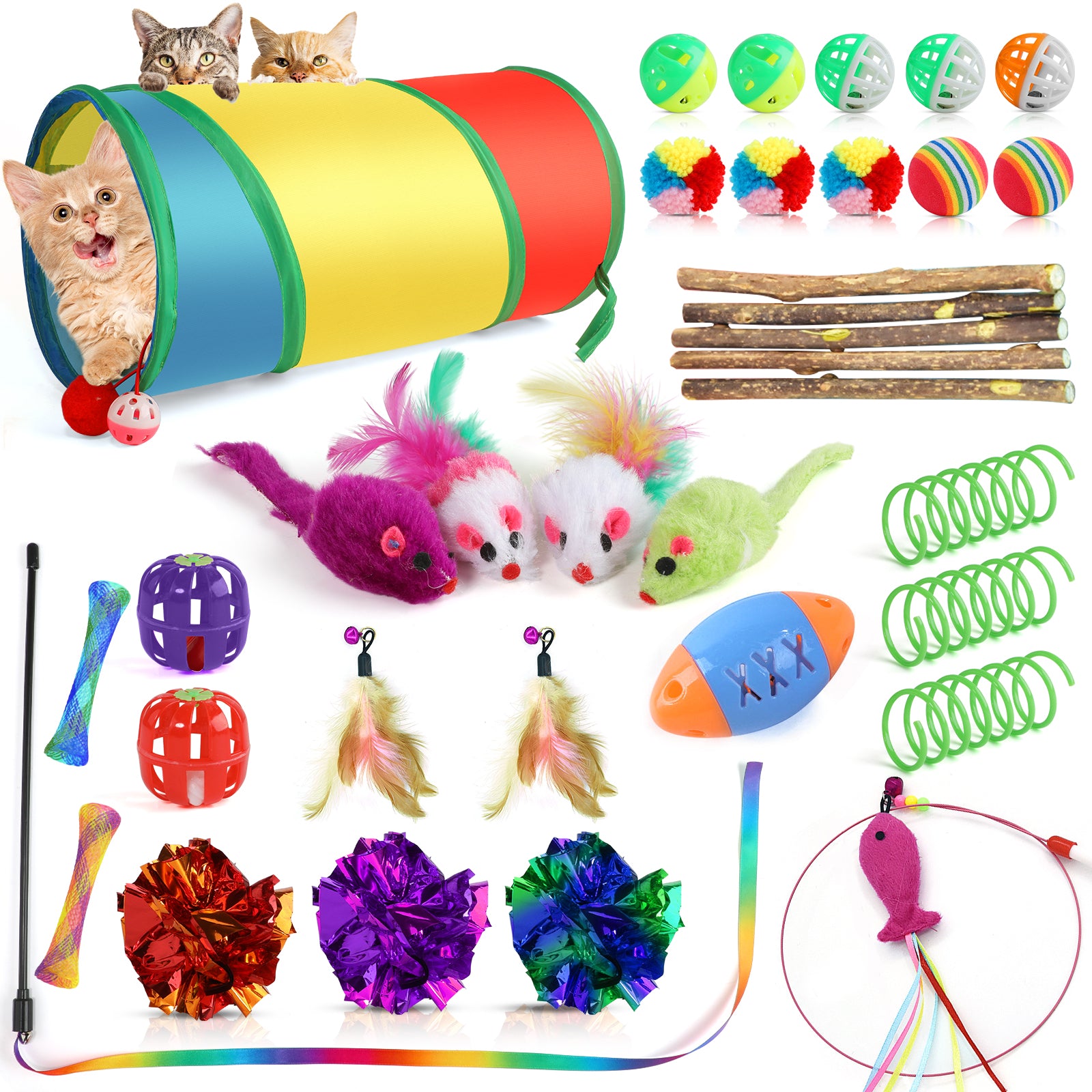 Jewyow 35 PCS Cats Toy Assortment, Catnip Toys, Interactive Pet Balls, Kitten Chew Toys, Feather Teaser Wand, Rainbow Tunnel & Mice Toys for Indoor Kitty