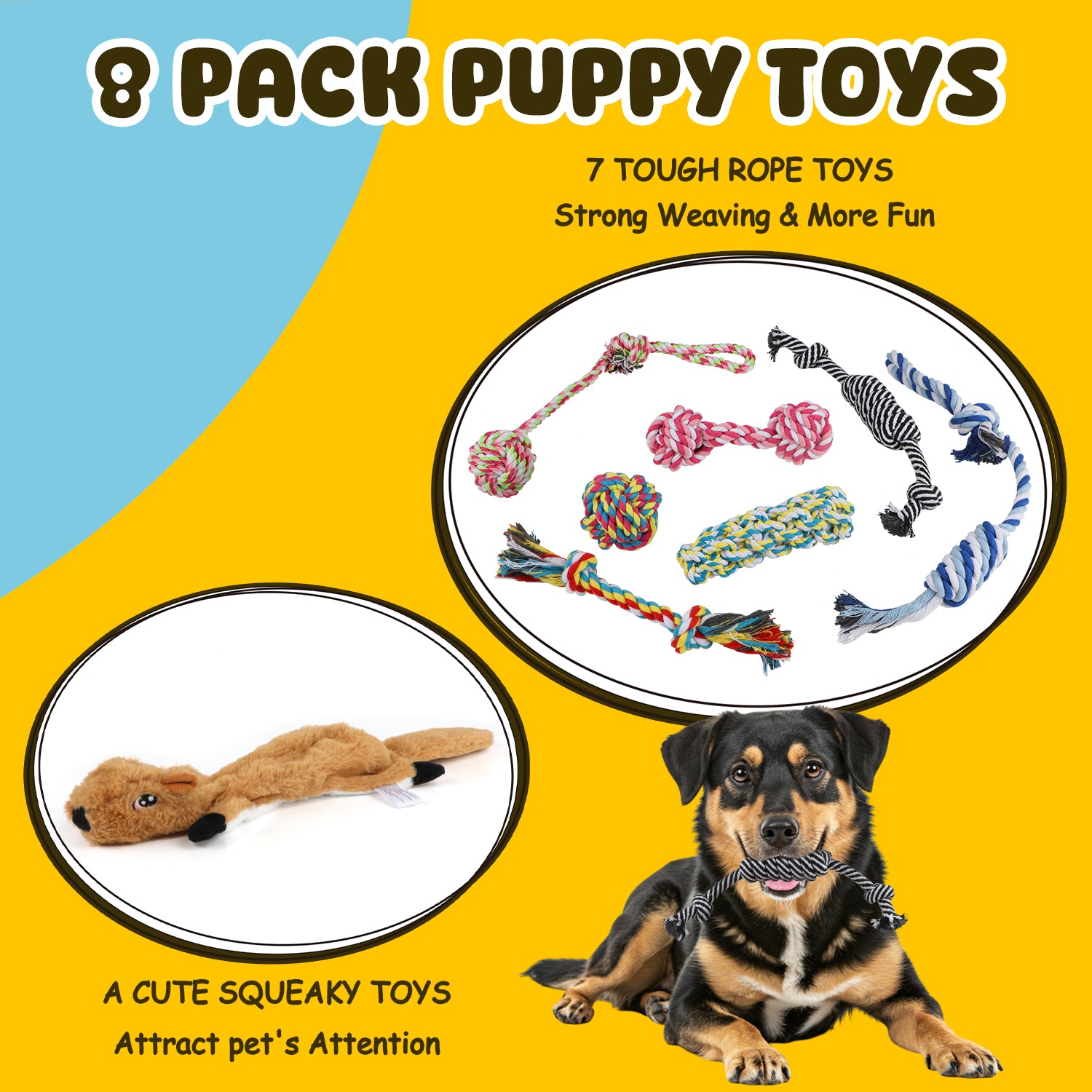 Charkool 8 Pack Rope Dog Chew Toys for Puppy Medium Dogs, Squeaky toy, Washable Chew Toys Pack with Teething Tug for Aggressive Chewers