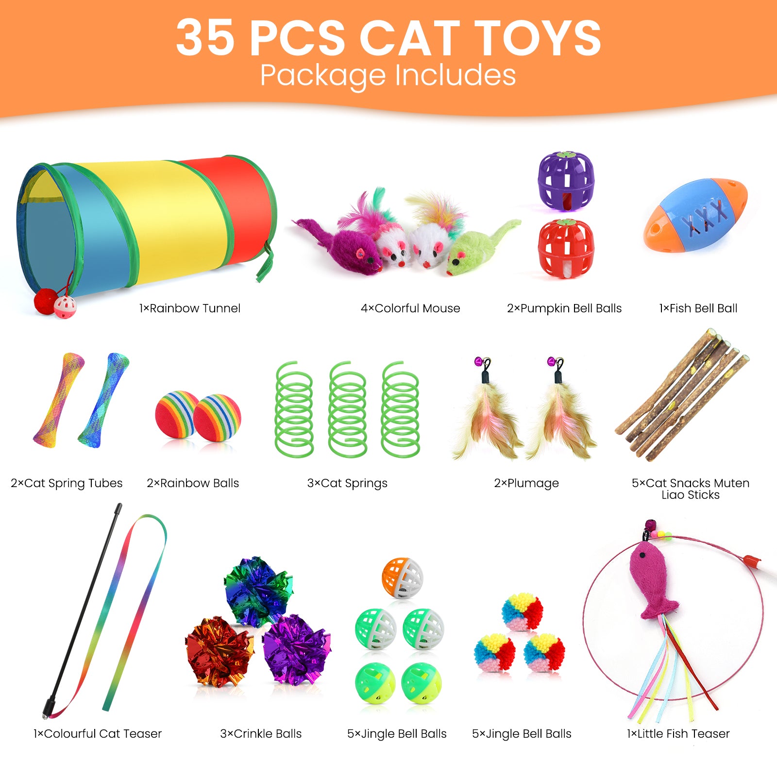 Jewyow 35 PCS Cats Toy Assortment, Catnip Toys, Interactive Pet Balls, Kitten Chew Toys, Feather Teaser Wand, Rainbow Tunnel & Mice Toys for Indoor Kitty