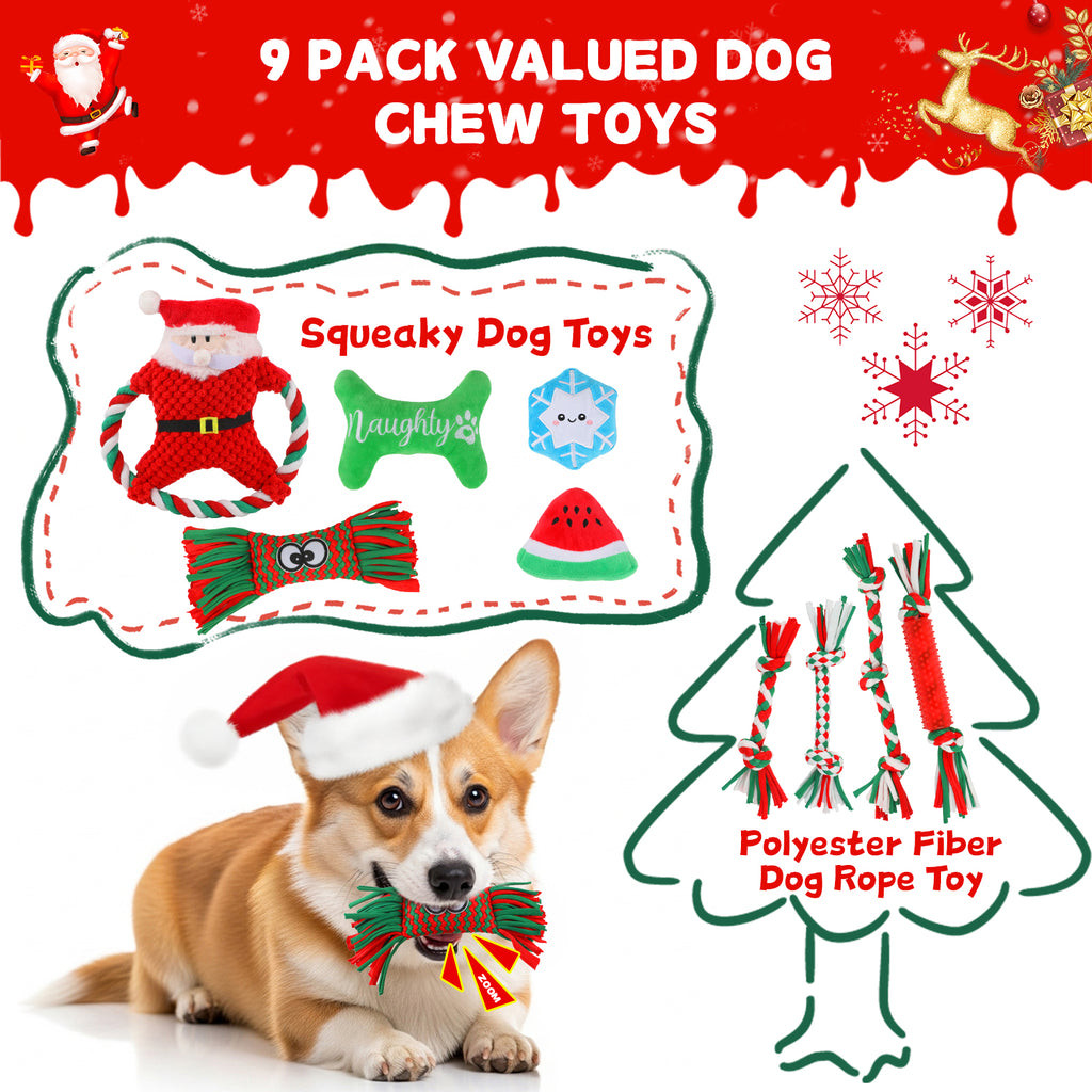 9 Pack Dog Chew Toys for Aggressive Chewers, Christmas Chew Toys Pack with Rope Toy for Puppies Small Medium Dogs, Squeaky toy