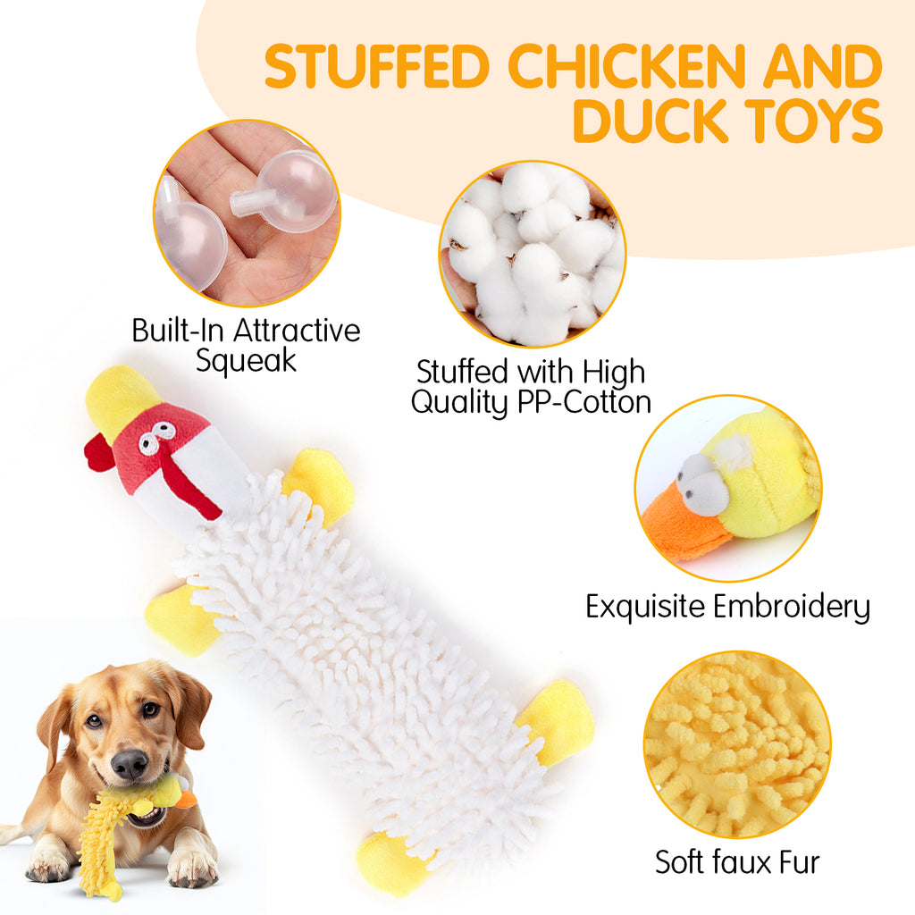 Squeaky Dog Toys Set with Soft Crinkle, Interactive Play, Cute Plush Animal Enrichment Toys for Puppies, Gigglers Chicken and Duck