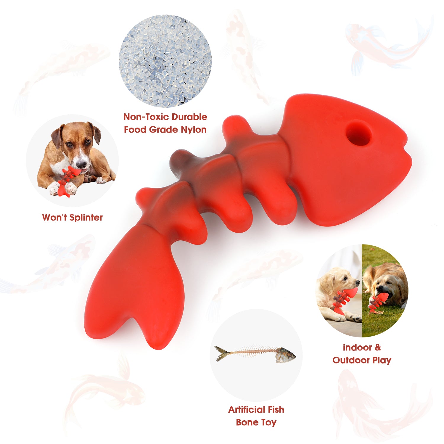 Charkool Fishbone Durable Dog Chew Toy for Aggressive Chewers, Real Fish, Nylon Pet Toys，Red