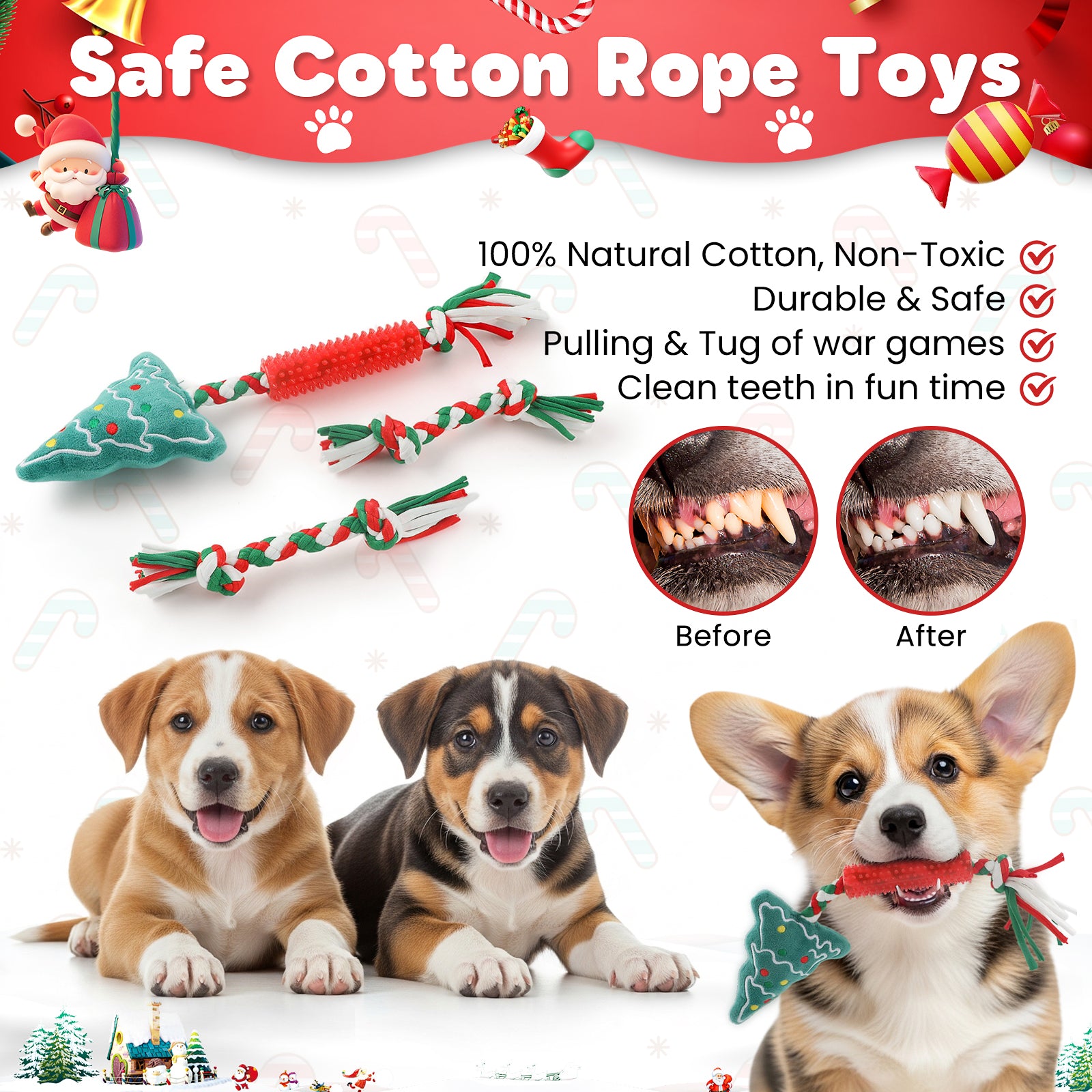 Jewyow Christmas Dog Toys , Squeaky Dog Toys, Interactive Plush Dog Toys with Crinkle Paper, 10 Pieces