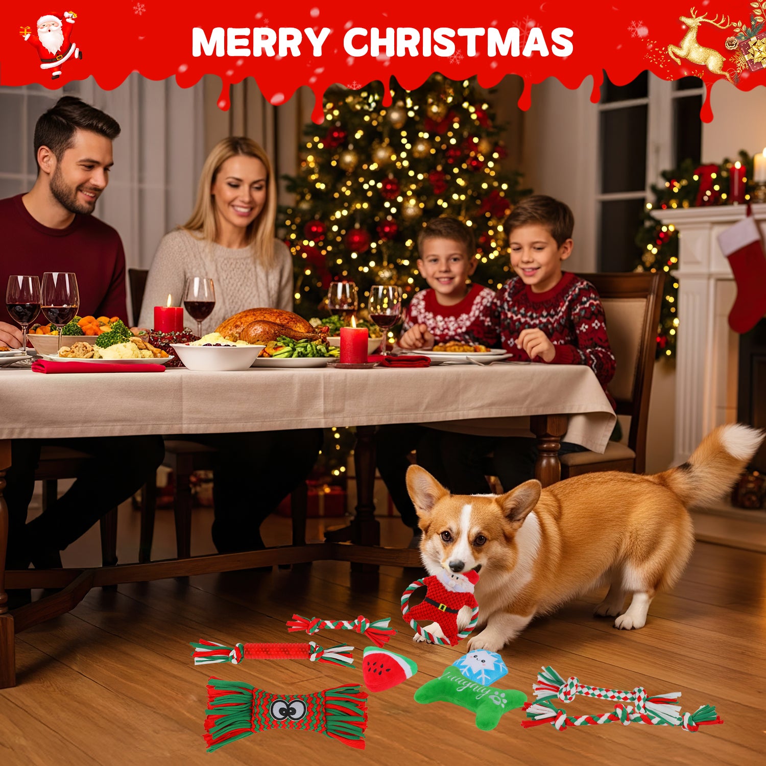 9 Pack Dog Chew Toys for Aggressive Chewers, Christmas Chew Toys Pack with Rope Toy for Puppies Small Medium Dogs, Squeaky toy