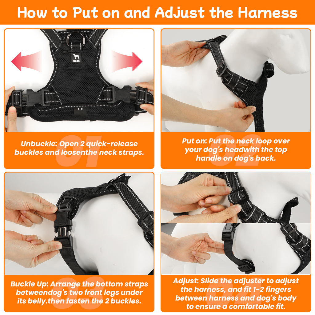 Jewyow Adjustable No-Pull Harness: Reflective Dog Vest with Handle | Soft Padding & Breathable Harness for Small Dogs, Black,XS