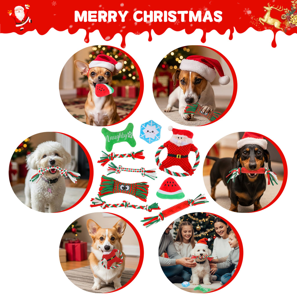 9 Pack Dog Chew Toys for Aggressive Chewers, Christmas Chew Toys Pack with Rope Toy for Puppies Small Medium Dogs, Squeaky toy