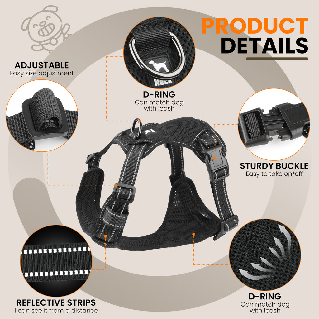 Jewyow Adjustable No-Pull Harness: Reflective Dog Vest with Handle | Soft Padding & Breathable Harness for Small Dogs, Black,XS