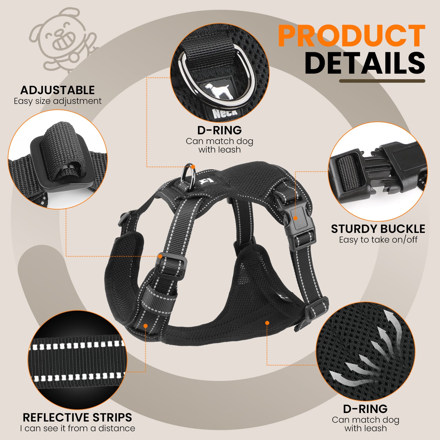 Jewyow Adjustable No-Pull Harness: Reflective Dog Vest with Handle | Soft Padding & Breathable Harness for Small Dogs, Black,XS